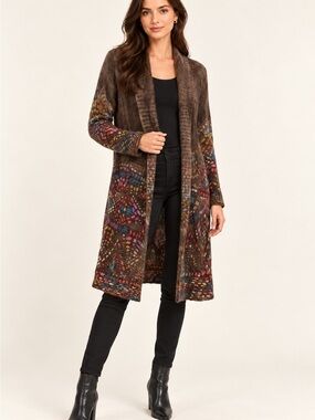 Adore Brown Open-Front Long Knit Cardigan with Multicolor Accents